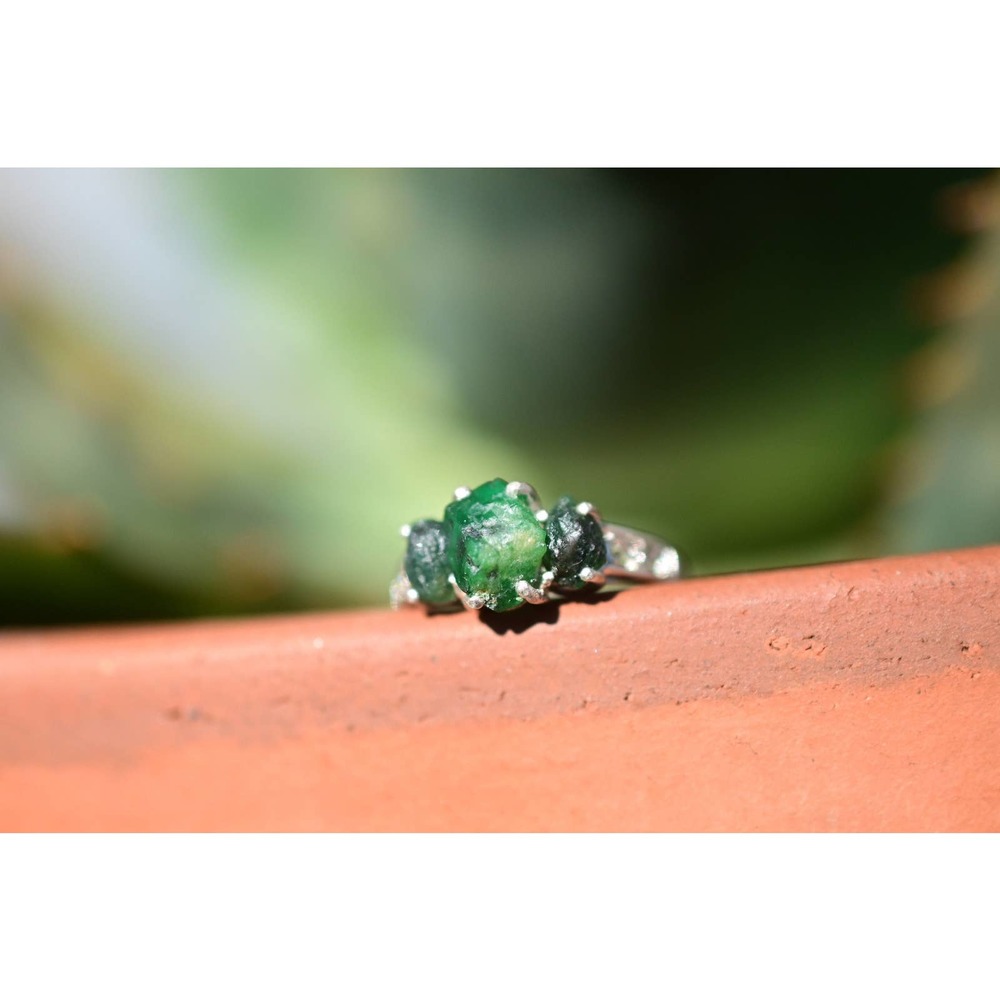 Rough Cut Emerald Engagement Ring Raw Stone Jewelry Size 3 4 5 6 7 8 9 1…